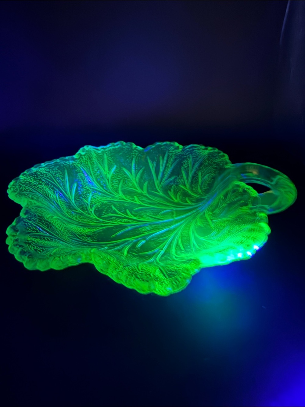Uranium Glass Cabbage Leaf Candy Server